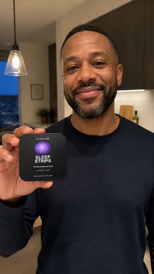 Man holding a Lullo Sleep Strips tin at home