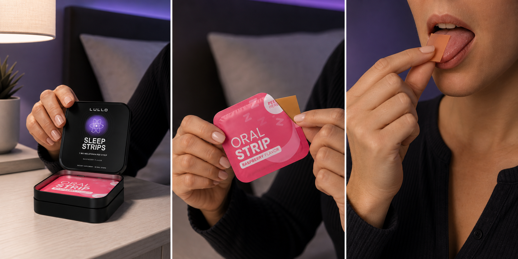 Three-step demonstration: opening the Lullo Sleep Strips tin, peeling open one wrapped packet, and placing the strip on the tongue