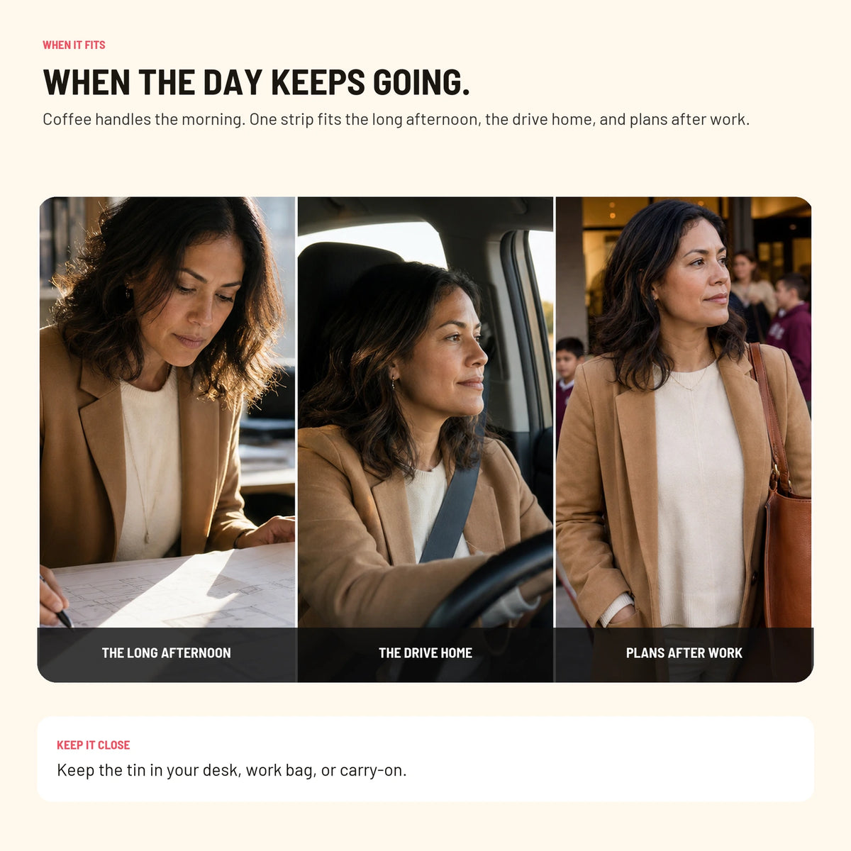 When Lullo Energy Strips fit - afternoon, drive home, and after-work plans