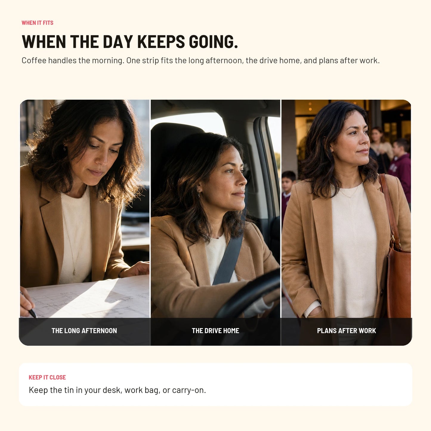 When Lullo Energy Strips fit - afternoon, drive home, and after-work plans