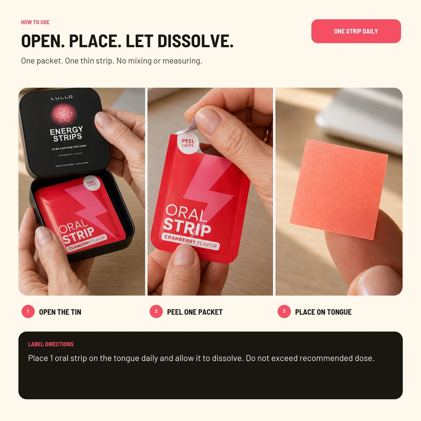 How to use Lullo Energy Strips - open, peel, and place on tongue