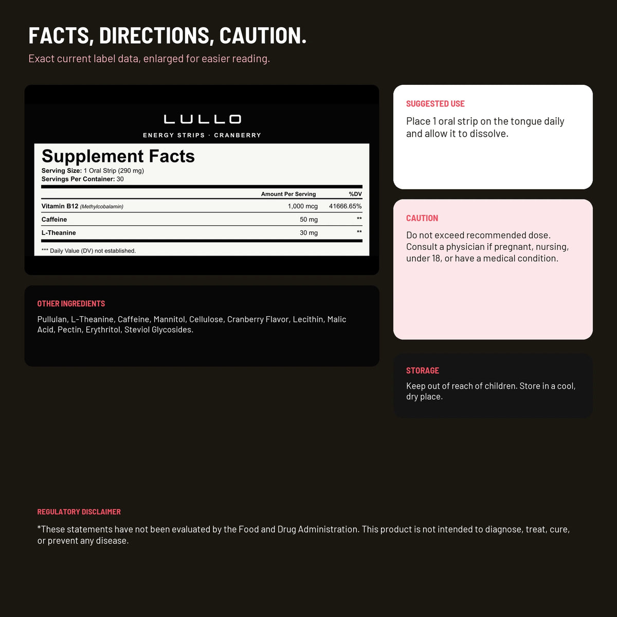 Lullo Energy Strips Supplement Facts, directions, caution, and ingredients