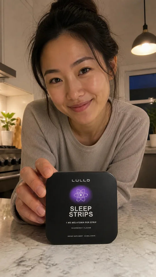 Woman holding a Lullo Sleep Strips tin in an evening kitchen
