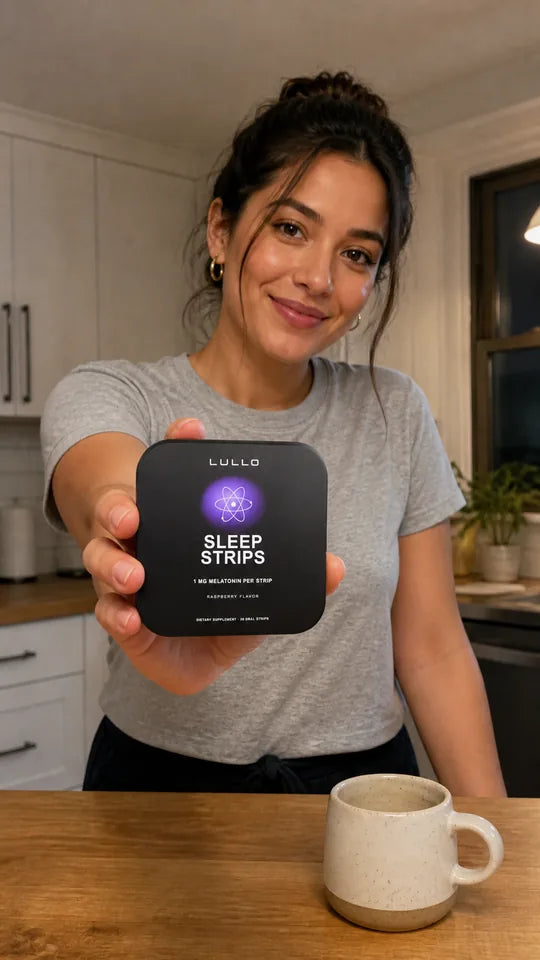 Woman showing a Lullo Sleep Strips tin beside a nighttime drink