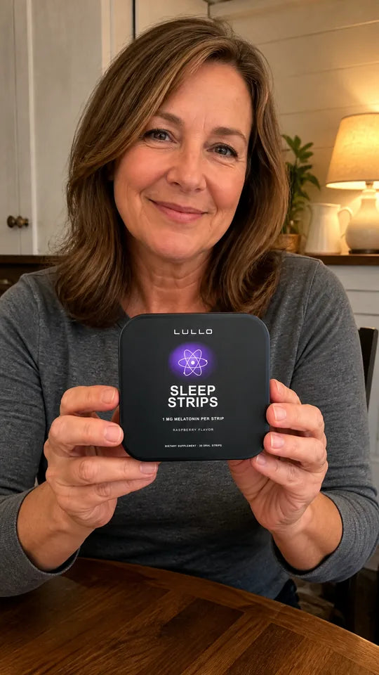 Woman smiling with a Lullo Sleep Strips tin at home