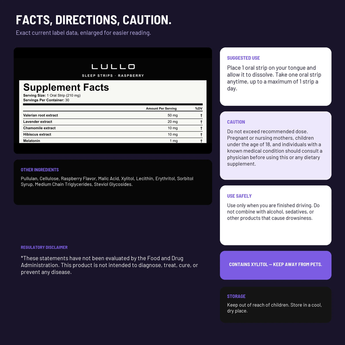 Lullo Sleep Strips Supplement Facts, directions, cautions, ingredients, and xylitol warning