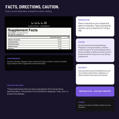Lullo Sleep Strips Supplement Facts, directions, cautions, ingredients, and xylitol warning